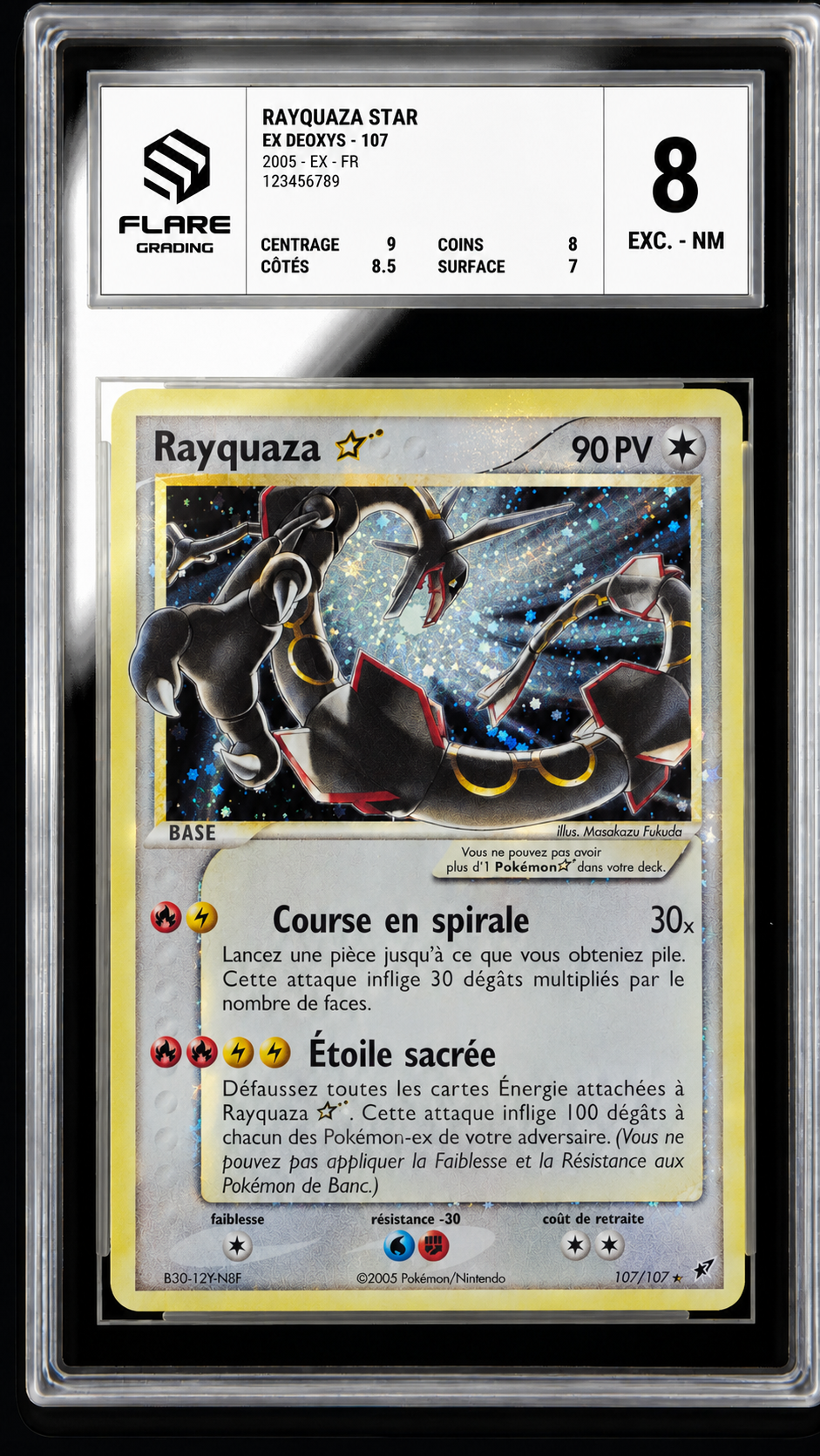 Boîtier Flare Grading : carte Rayquaza Star certifiée, note 8 Excellent - Near Mint